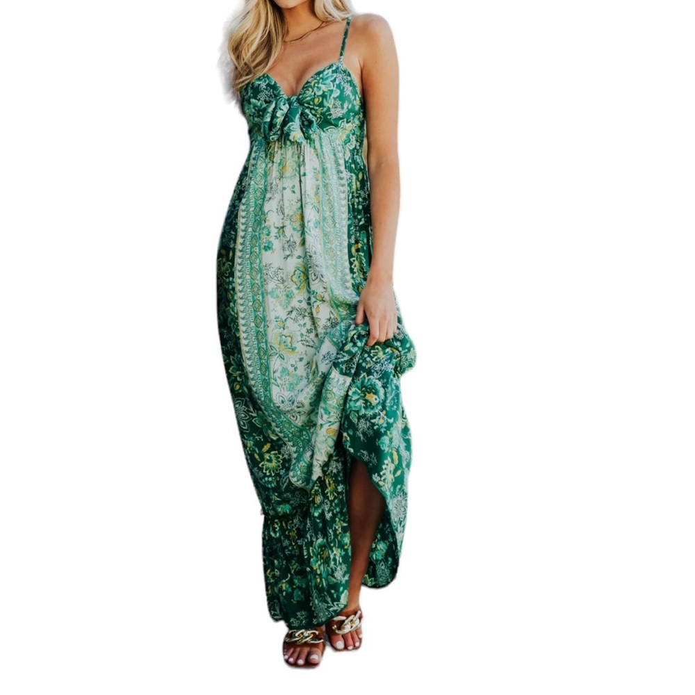 Angie Green Floral Panel Ruffle Front Tie Adjustable Smocked Maxi Dress SZ Large